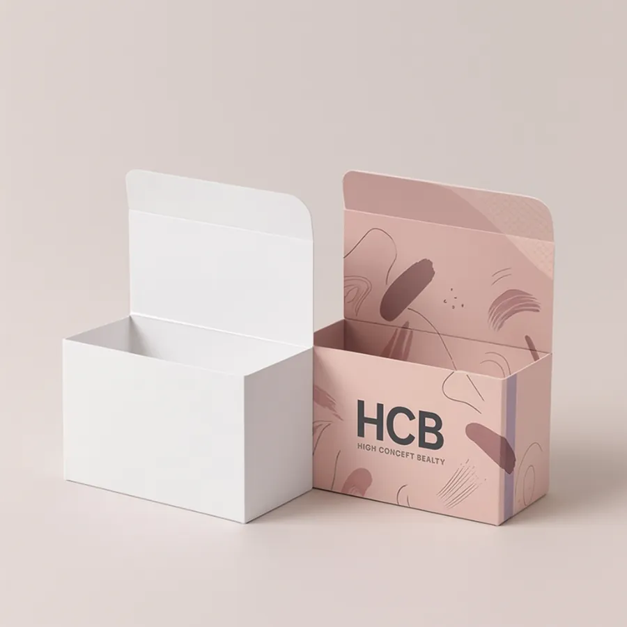 Two rectangular card boxes- one plain white and one with pink abstract art and branding- class=
